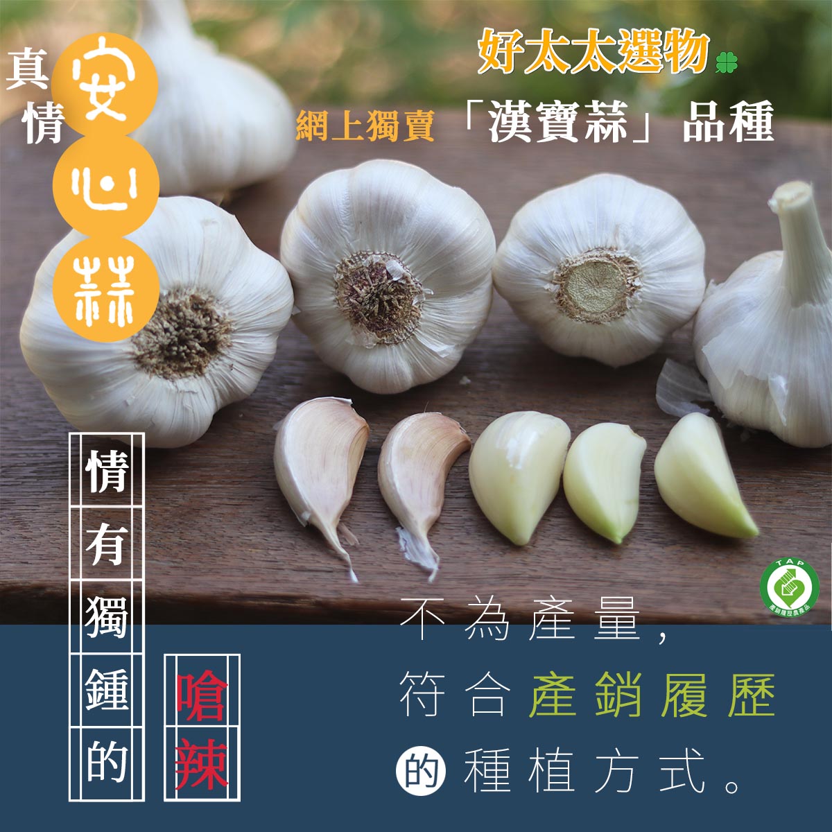 通過「產銷履歷」認證100%保證台灣雲林元長種植「漢寶蒜」。