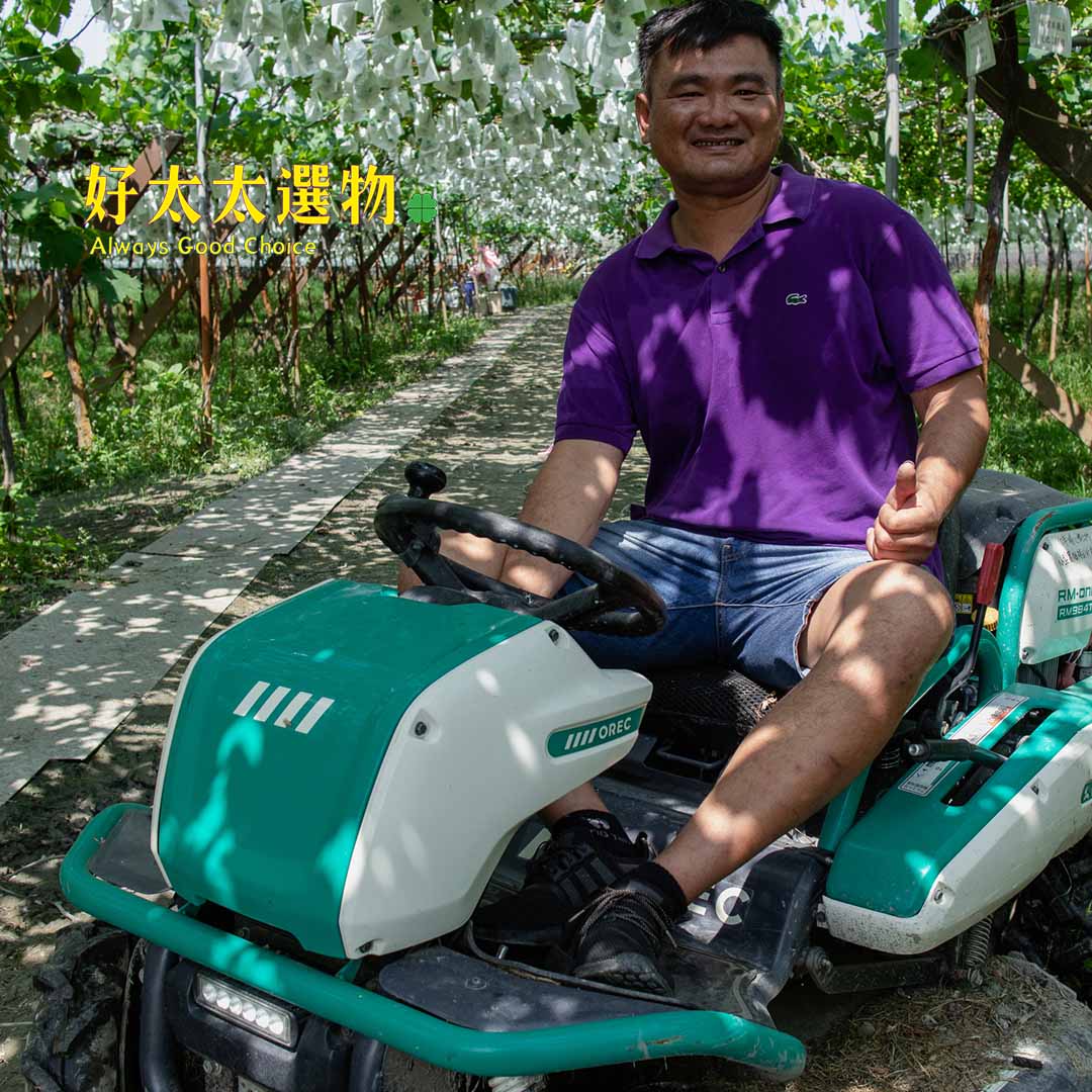 農場第二代主人-阿豪，每日巡視果園 草長了就開草勤除草，果園顧的真的比公園還乾淨整潔。