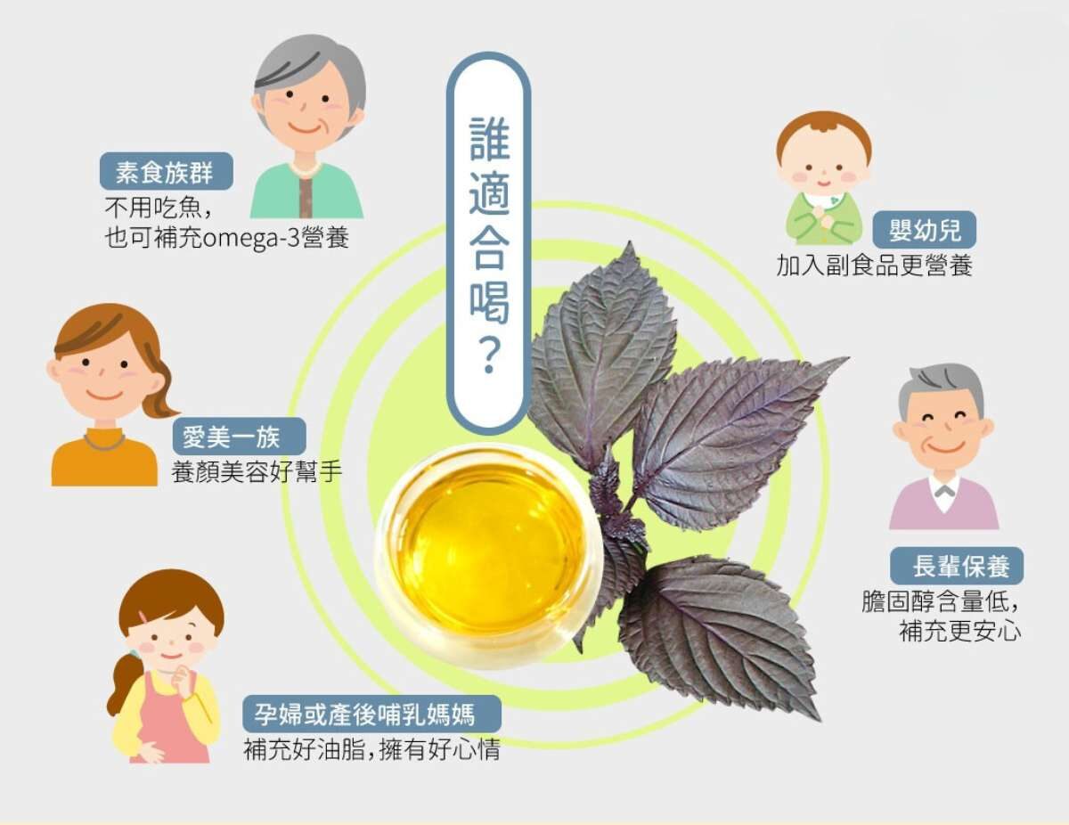 不能吃魚類的素食者，可以透過紫蘇油補充Omega-3油脂；銀髮族長輩保養，因為植物油低膽固醇的特性，補充很安心。